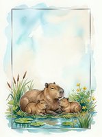 Watercolor capybara family with babies resting by pond with grass and flowers, soft pastel frame for greeting cards and nursery decor.