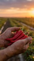 Farmer hands holding fresh red chili peppers at sunset in agricultural field. Organic farming and harvest concept for food industry and cooking.