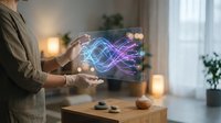 Professional woman interacting with holographic data visualization display showing colorful wave patterns in modern home office environment.
