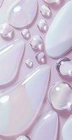Clear water drops and oval shapes on soft pink background create minimalist composition with light reflections and pearlescent glow. For beauty product design.