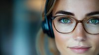 Young professional woman with glasses and headset working in customer service or call center environment for business communication.