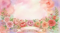 Watercolor floral frame with pink and coral roses, peonies, and greenery surrounding blank banner space for text, wedding invitations, greeting cards, and design projects.