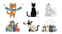 Cute cats celebrating party occasions with festive decorations, gifts, and champagne. Isolated clipart elements ready for greeting cards, invitations, and design projects.