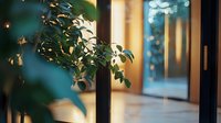 Indoor plant with green leaves against blurred modern interior background with warm evening lighting and glass reflections creating cozy atmosphere.