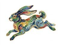 Ornate decorative rabbit with swirling patterns in gold, blue, green and red tones, isolated on transparent background. Ready for t-shirt design, clipart, stickers, sublimation and print-on-demand products.