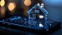 Glowing house silhouette on smartphone screen with bokeh lights, digital real estate concept. Smart home technology and mobile device innovation in blue tones.