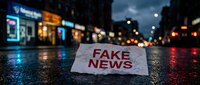 Fake news newspaper lying on wet city street at night with blurred storefronts and car lights creating urban atmosphere for media literacy concepts.