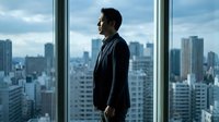 Asian businessman in dark suit standing by office window overlooking modern city skyline, contemplating future business opportunities and success.