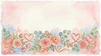 Watercolor floral border with coral roses, eucalyptus leaves, and heart shapes on soft pastel background. Isolated design element for invitations, cards, and decorative projects.