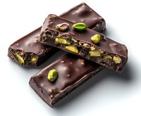 Dark chocolate bars with pistachio nuts broken to show texture and filling, garnished with whole pistachios on white background with soft shadows.