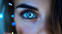 Close up of female eye with glowing blue cybernetic lens effect and digital enhancements against dark background with bokeh lights, futuristic beauty concept.