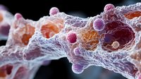 Microscopic view of cancer cells with interconnected network structure showing detailed cellular membrane and cluster formation in pink and orange tones.