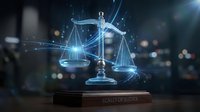 Digital scales of justice hologram with glowing blue light effects and network connections representing legal technology and modern law practice.