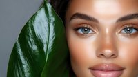 Young mixed-race woman with glowing skin holding green tropical leaf for natural skincare and beauty wellness concept.