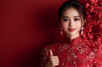 Young Asian woman in traditional red qipao dress with embroidered pattern against red floral background showing thumbs up gesture, wearing pearl earrings and elegant makeup.