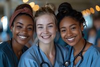 Diverse female healthcare workers in blue scrubs smiling together, representing teamwork and positive atmosphere in medical profession.