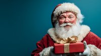 Cheerful senior man in traditional red and white holiday costume holding wrapped gift box against teal background, perfect for seasonal marketing.