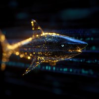 Glowing shark silhouette with golden sparkles and light particles against dark background creates magical underwater atmosphere for fantasy designs.