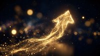 Young professional woman, Caucasian ethnicity, wearing business attire, analyzing upward trending arrow made of glowing golden particles and light streaks against dark background with bokeh lights, symbolizing financial growth, success, and positive market performance for business presentations.