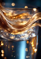Flowing golden waves with glowing bokeh lights on dark blue background create magical atmosphere for luxury designs and festive backgrounds.