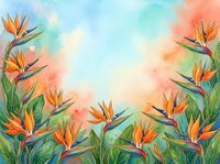 Watercolor bird of paradise flowers framing a soft pastel sky background, tropical botanical art with vibrant orange and blue blooms.