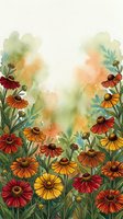 Watercolor wildflower meadow with colorful blooms and soft painted background for greeting cards, invitations and botanical designs.