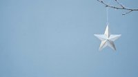 White star ornament hanging from a bare branch against clear blue sky, suitable for holiday, winter, and seasonal decoration projects.