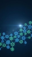 Digital network security concept with glowing hexagonal nodes containing padlock icons connected by lines on dark blue background, representing blockchain technology and data protection.