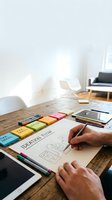 Creative designer sketching user interface wireframes at wooden desk with colorful sticky notes and digital tablet for app development workflow.