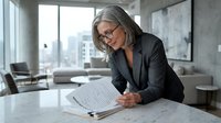 Mature Caucasian businesswoman with gray hair and glasses reviewing documents at modern office desk with city view background for corporate presentations.