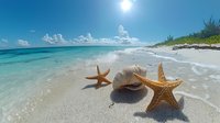 Starfish and seashell on white sandy tropical beach with turquoise ocean water, bright sun, and fluffy clouds. Paradise summer vacation background.