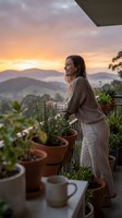 Woman in beige sweater tending potted plants on mountain balcony at sunrise, holding watering can with coffee cups nearby, peaceful morning gardening scene.