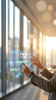 Businessman in formal suit interacting with holographic digital interface displaying data analytics and business metrics near bright office windows with warm sunlight.