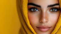 Close up portrait of young Middle Eastern woman with bright makeup wearing yellow hijab, looking directly at camera with confident smile and expressive eyes.