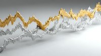 Abstract financial chart with gold and silver wave lines showing market fluctuations against gradient gray background for business analytics and investment presentations.