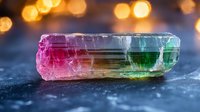 Raw watermelon tourmaline crystal on dark background with golden bokeh lights showing natural color zoning from pink to green in mineral specimen.