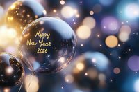 Happy New Year 2026 golden text on transparent glass ornament with festive bokeh lights background for holiday celebration and greeting cards.
