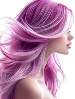 Side profile of young woman with flowing pink and purple ombre hair against white background, showing dynamic movement and professional color treatment styling.