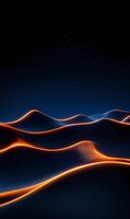 Abstract glowing orange and blue wave lines forming dynamic mountain-like shapes against dark starry sky background, creating futuristic landscape effect.
