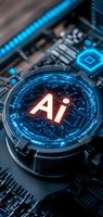 Futuristic AI symbol glowing in orange on circular device with blue circuit patterns and technological elements on dark electronic motherboard background.