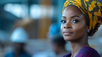 Young African woman wearing traditional colorful headwrap and purple top smiling confidently in modern office or business environment with blurred background.