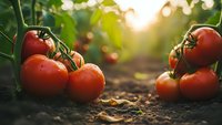 Fresh ripe tomatoes growing on vine in organic garden with warm sunlight. Healthy homegrown vegetables ready for harvest in sustainable agriculture setting.