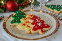 Festive sugar cookies decorated with royal icing in shapes of Christmas trees and angels on holiday plate, with ornaments and decorations in background.