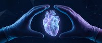 Hands forming heart shape around glowing anatomical heart with neon blue and purple light effects on dark background for medical, healthcare, cardiology, and wellness concepts.