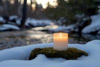 Glowing candle on moss-covered rock in snowy winter landscape at twilight creates peaceful meditation atmosphere for wellness and mindfulness concepts.
