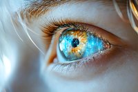 Close-up macro shot of human eye with digital technology reflection showing futuristic cyber concept and artificial intelligence visualization in iris.