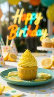 Lemon cupcake with yellow frosting on teal plate, fresh lemon slices, colorful Happy Birthday sign and balloons at festive party table.
