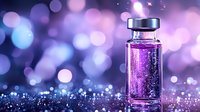 Purple glowing medical vial with sparkling particles against blurred bokeh background in violet and blue tones, magical pharmaceutical concept.