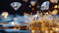 Sparkling diamonds floating above golden water splash with bokeh light effects on dark background. Luxury jewelry concept.