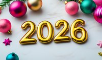 Gold foil balloon numbers 2026 with colorful Christmas ornaments and pine branches on light gray background, festive holiday composition for New Year celebration.